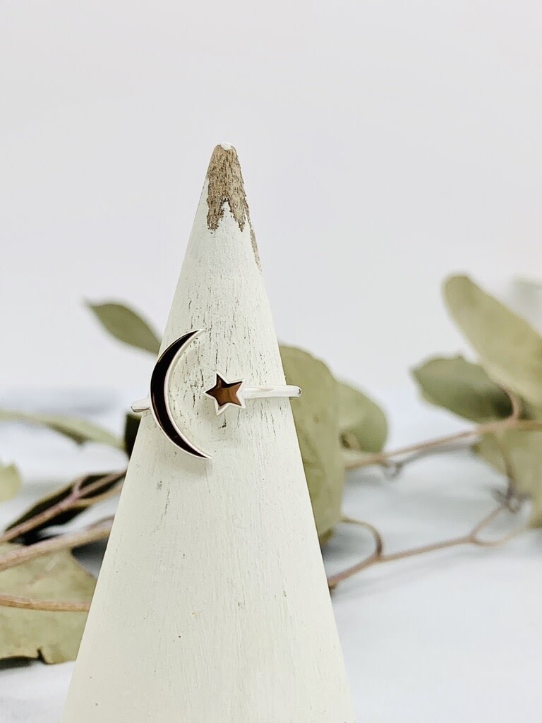 Sterling Silver Ring with Crescent Moon and Star