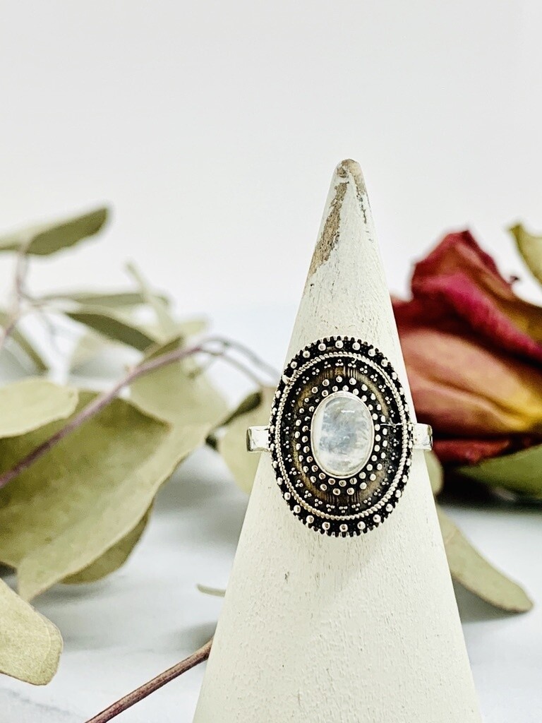 Oxidized Silver and Moonstone Shield Ring