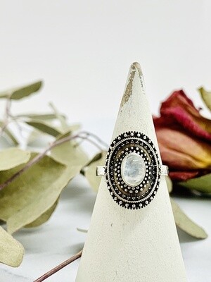Oxidized Silver and Moonstone Shield Ring