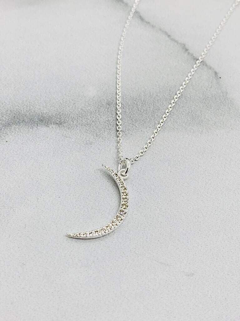 Sterling Silver Large Pave Crescent Moon Necklace