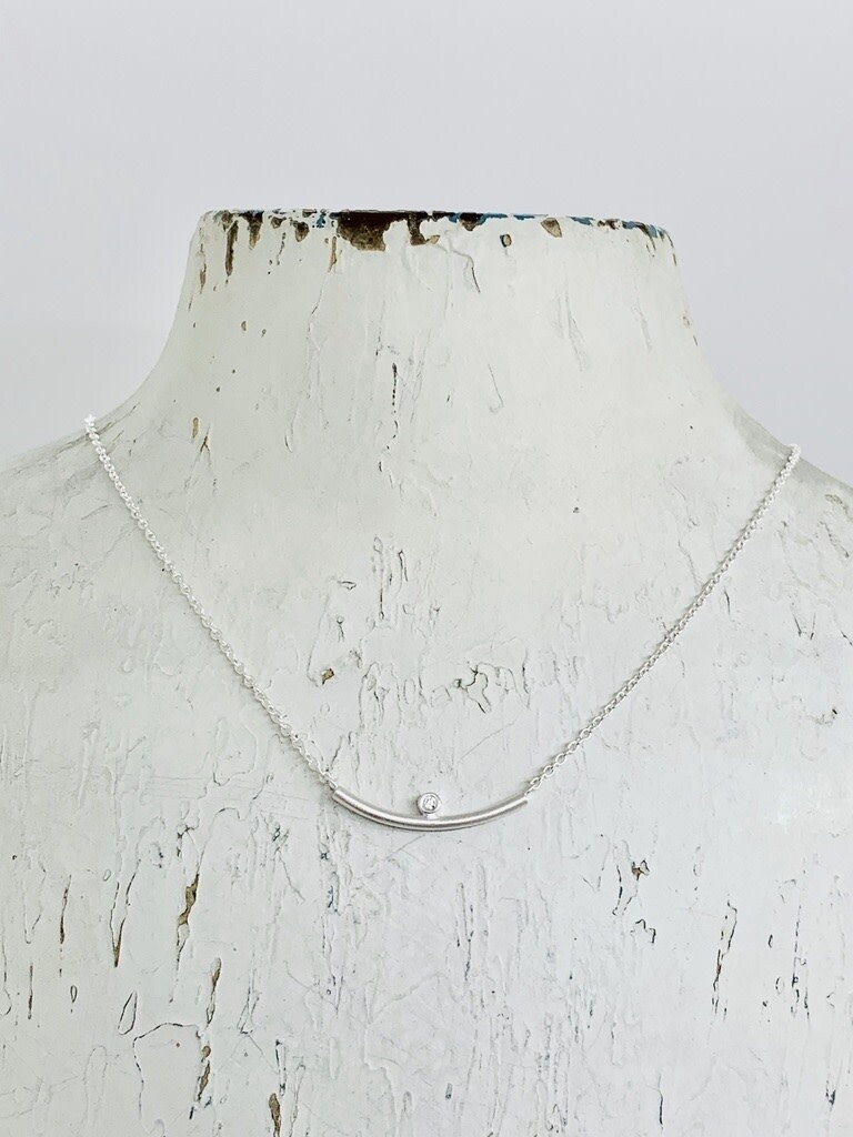 Brushed Sterling Silver Curved Bar necklace with Bezel Set CZ above