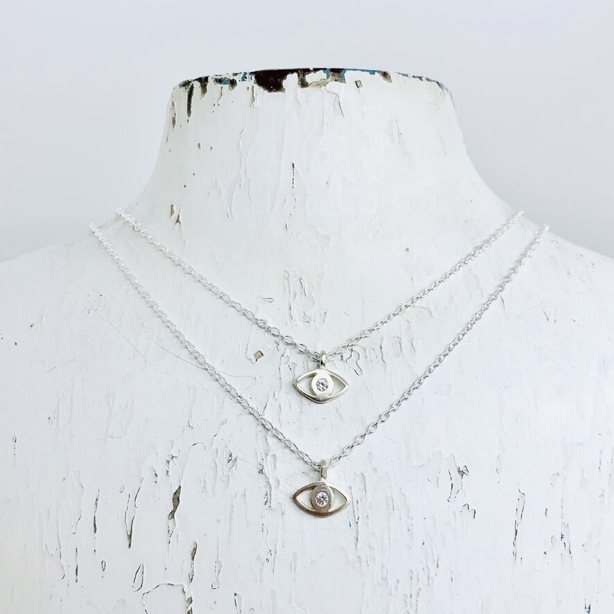 Locally Handmade Evil Eye w/ White Topaz Necklace, Sterling Silver, Length: 16&quot;