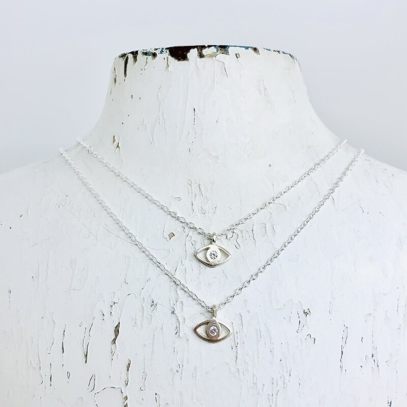 Locally Handmade Evil Eye w/ White Topaz Necklace, Sterling Silver
