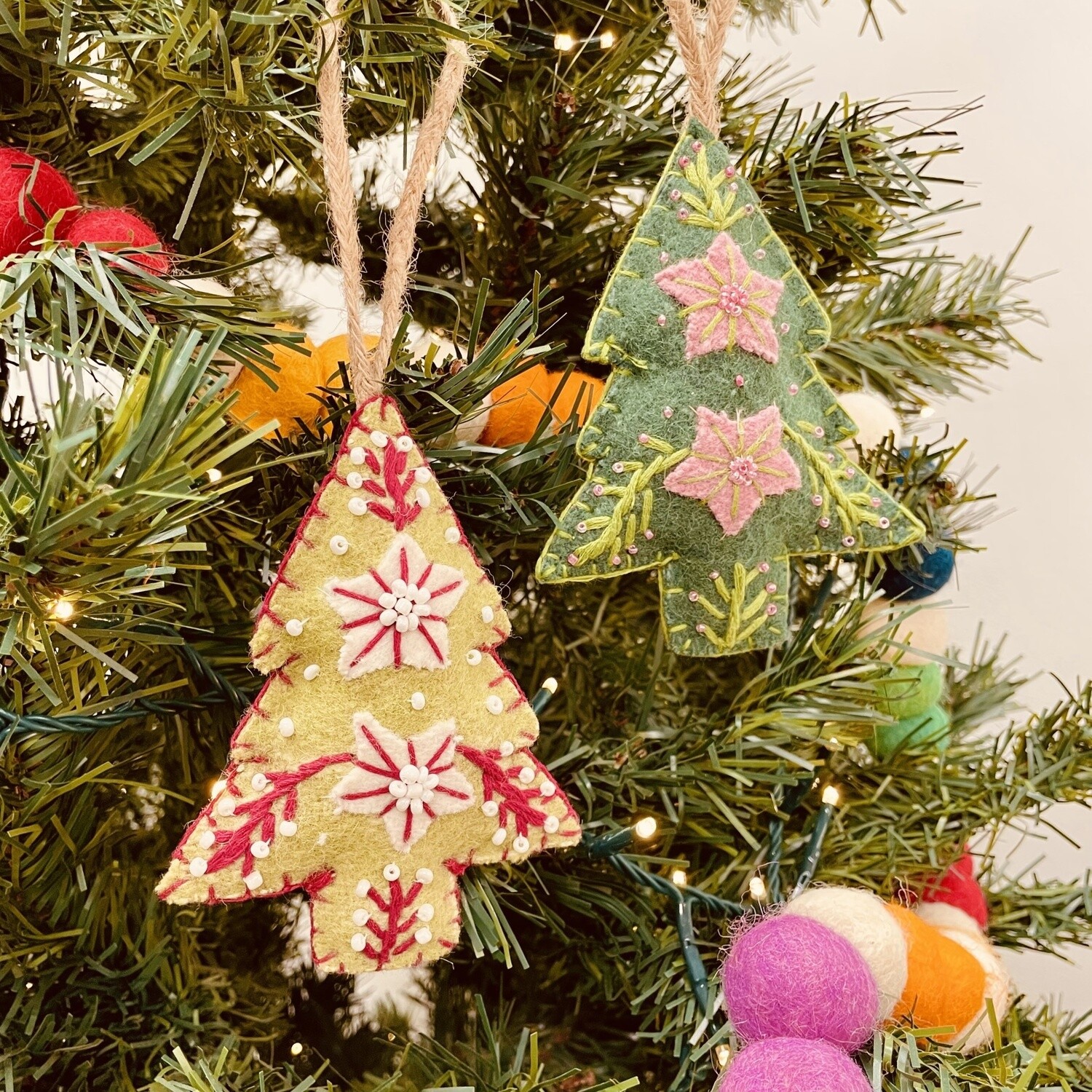 Wool Felt Embroidered Tree Ornament w/ Poinsettias 4-1/2&quot;H