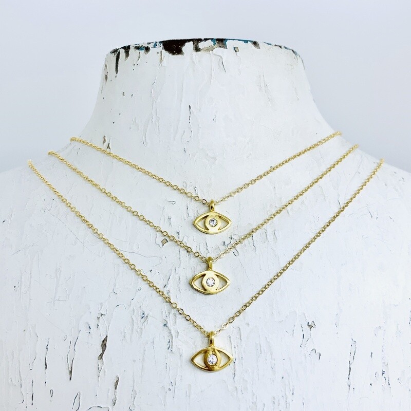Locally Handmade Evil Eye w/ White Topaz Necklace, Gold Filled