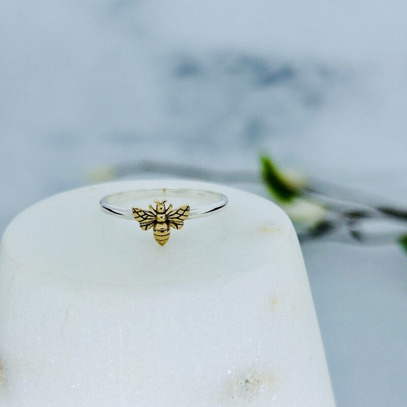 Tiny Bronze Bee on Silver Ring
