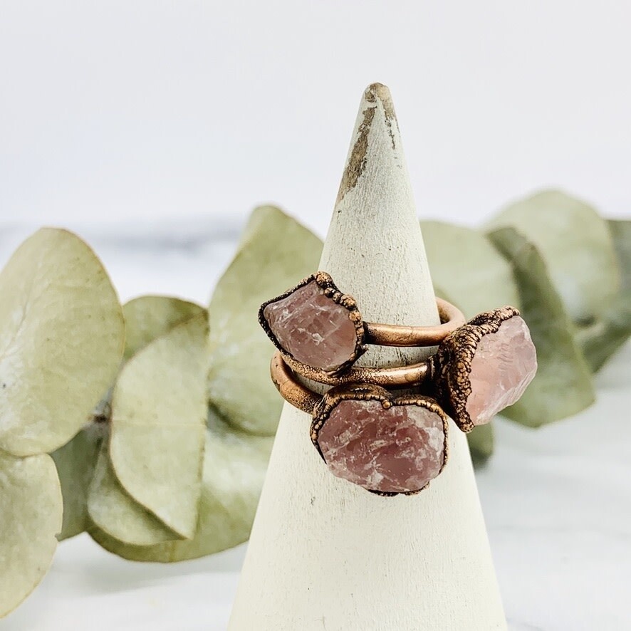 Large Raw Rose Quartz Electroformed Copper Ring