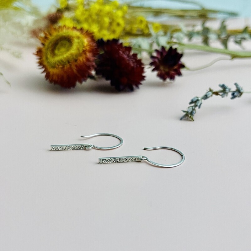 Diamond Dusted Silver Bar Drop Earrings
