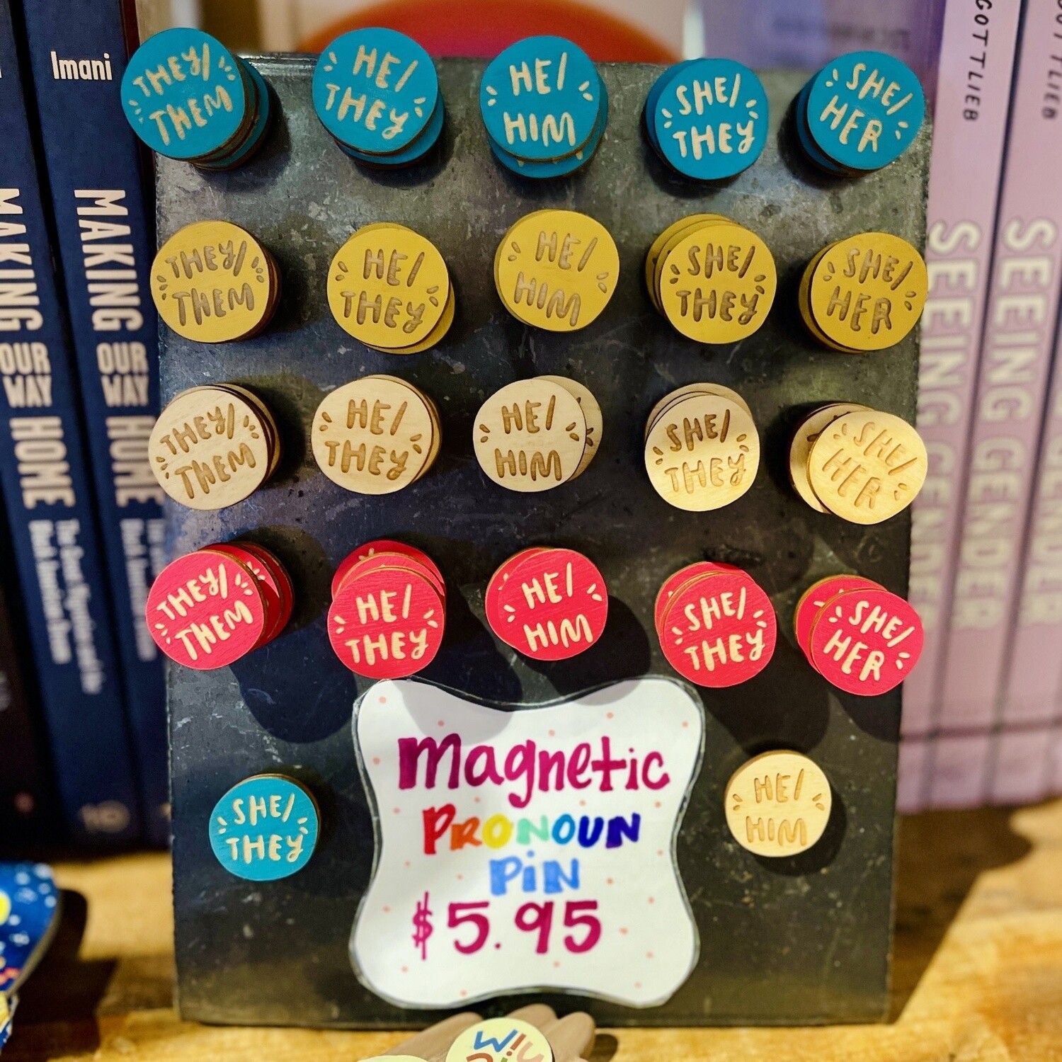 Magnetic Wood Pronoun Pin 