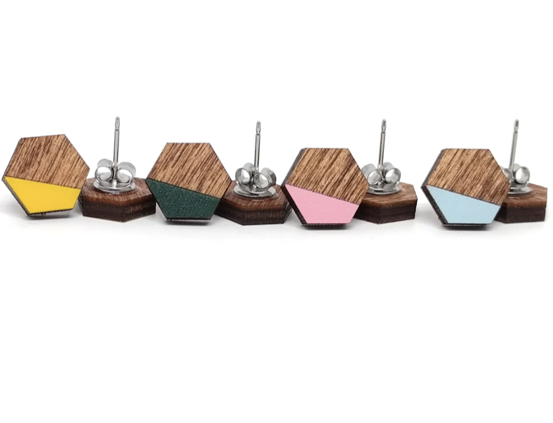 Lasercut Wood Hexagon Dip Earrings 