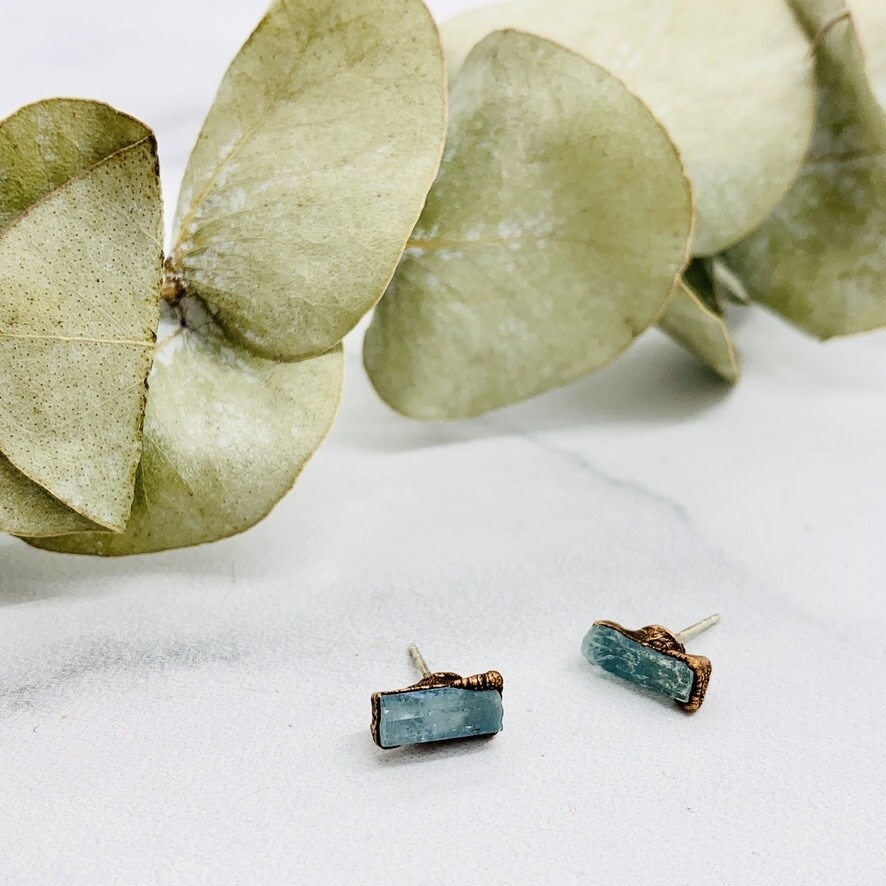 Raw Aquamarine Electroformed Stud Earrings, Copper with Sterling Posts