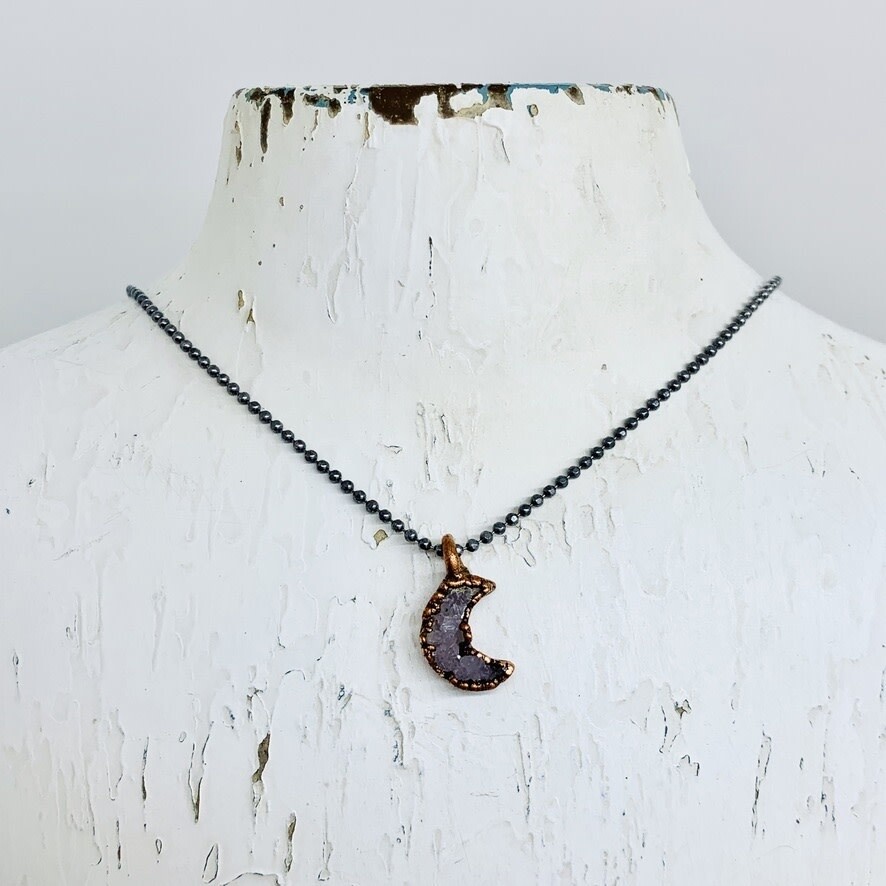 Small Crescent Moon Shape Electroformed Druzy Pendant on 18” Oxidized Faceted Ball Chain Necklace