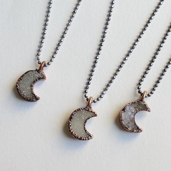 Small Crescent Moon Shape Electroformed Druzy Pendant on 18” Oxidized Faceted Ball Chain Necklace