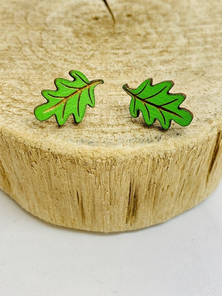 Handmade Green Leaf Lasercut Wood Earrings on Sterling Silver Posts