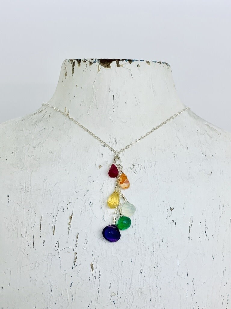 Handmade Sterling Silver Necklace with Rainbow Cascade, 18"
