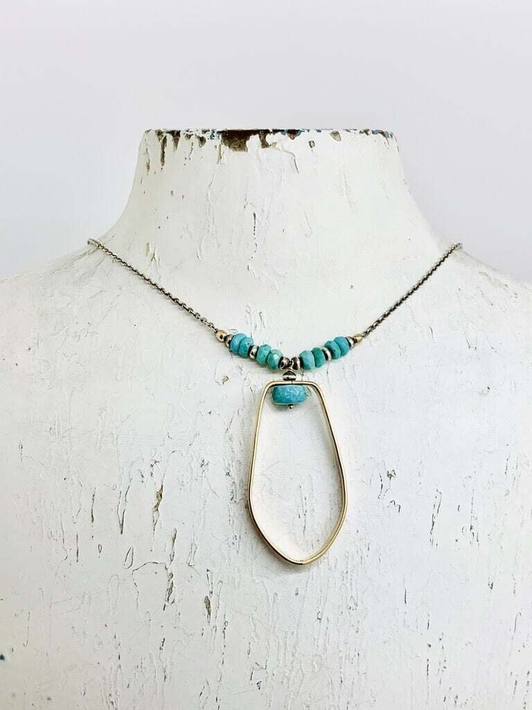 Handmade Necklace with 14k Gold Filled Shape with Faceted Arizona Turquoise on Oxidized Sterling Chain - dno