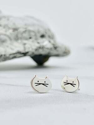 Cute Cat Stud Earrings, Sterling Silver