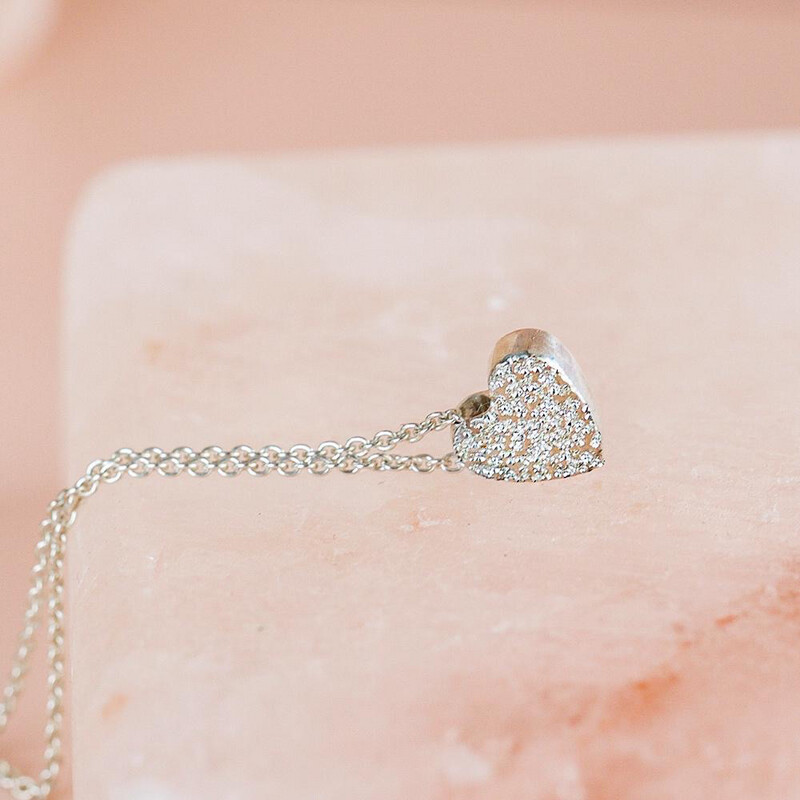 Sterling Silver Diamond Dusted Heart Necklace, 16” &amp; 18”