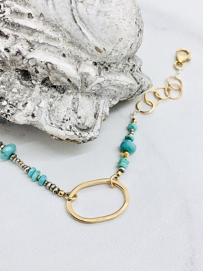 Handmade Bracelet with 14kt Gold Filled Oval with Faceted Turquoise and Sterling - dno