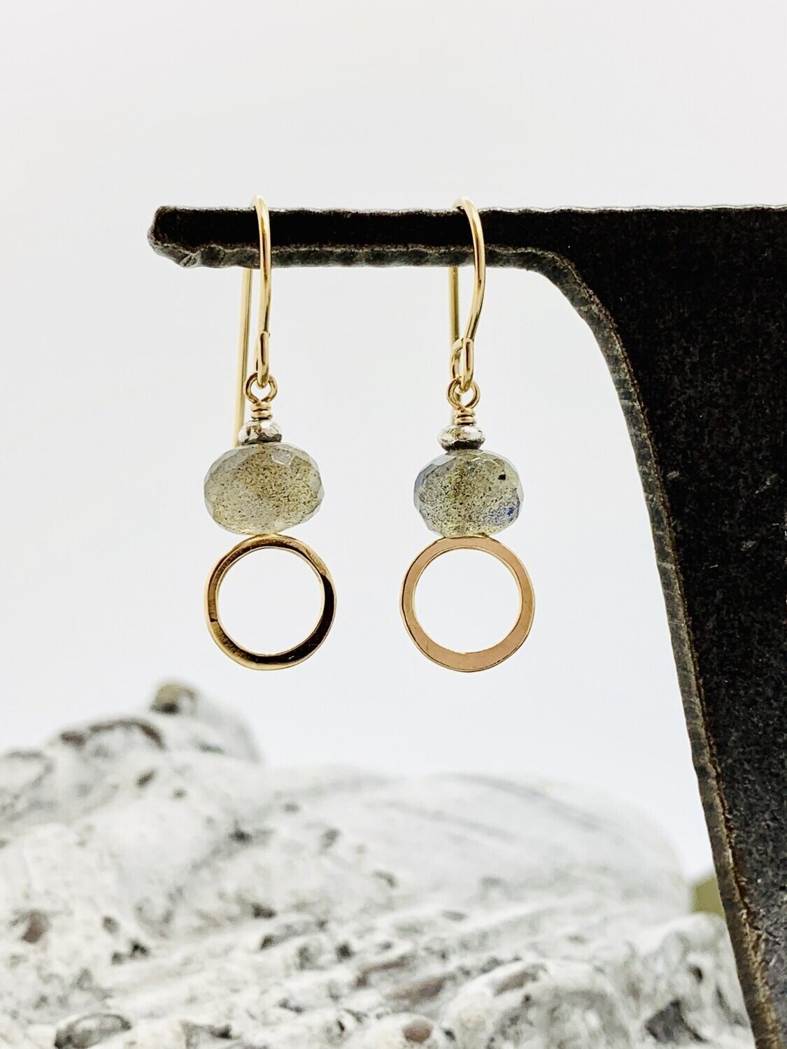 Handmade 8mm Faceted Labradorite Coin with 14kt Gold filled Circle Earrings