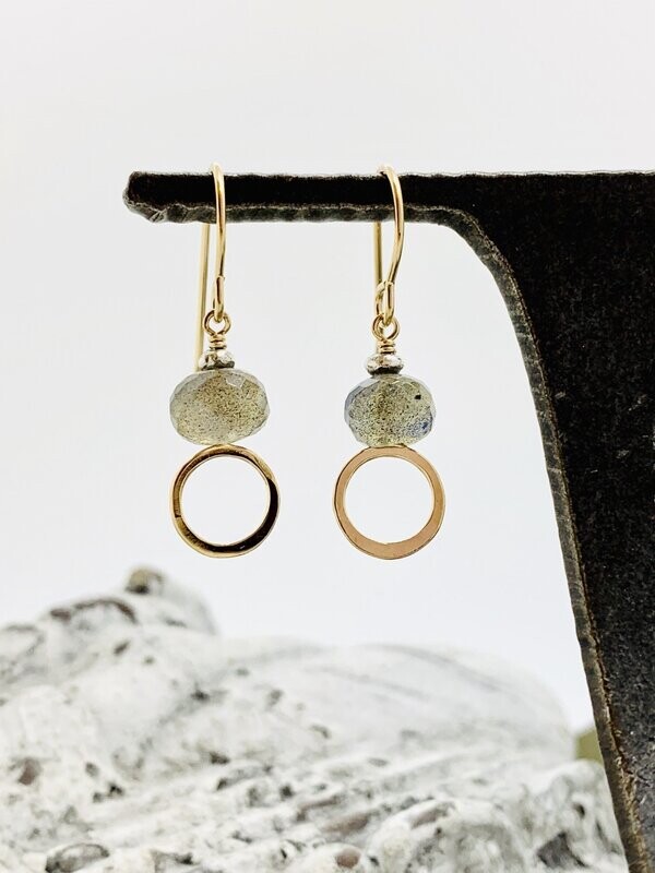 Handmade 8mm Faceted Labradorite Coin with 14kt Gold filled Circle Earrings