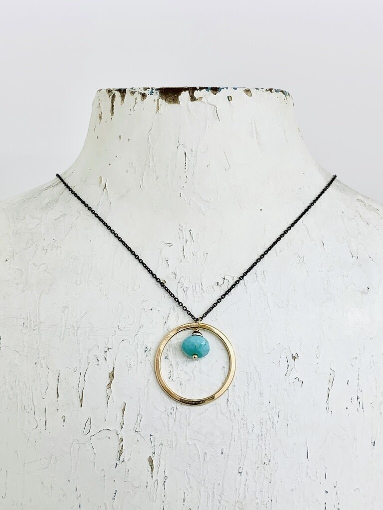 Handmade Necklace with 14k Gold Filled Circle with 8mm Faceted Arizona Turquoise on Oxidized Sterling Chain