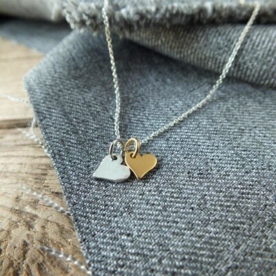 Double Tiny Hearts Necklace, Silver with 14k Goldfill
