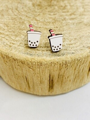 Handmade Boba Tea Lasercut Wood Earrings on Sterling Silver Posts