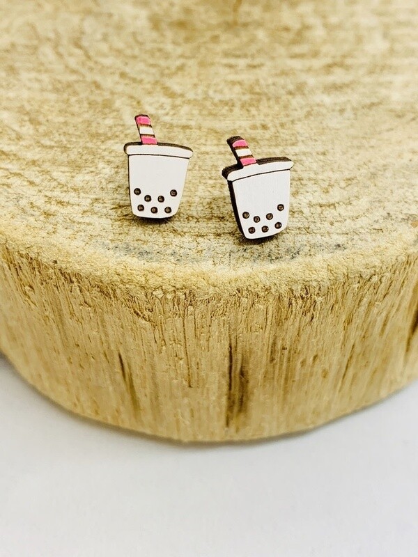 Handmade Boba Tea Lasercut Wood Earrings on Sterling Silver Posts