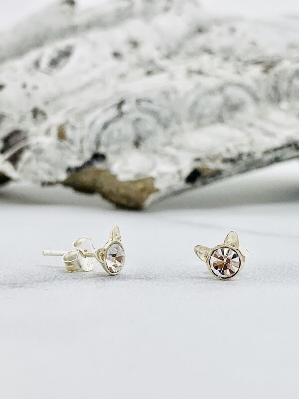 Silver Crystal Cat Face Stud Earrings
