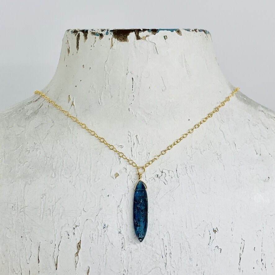 Handmade Small Marquis Moss Kyanite Drop on 18&quot; 14k Goldfill Necklace