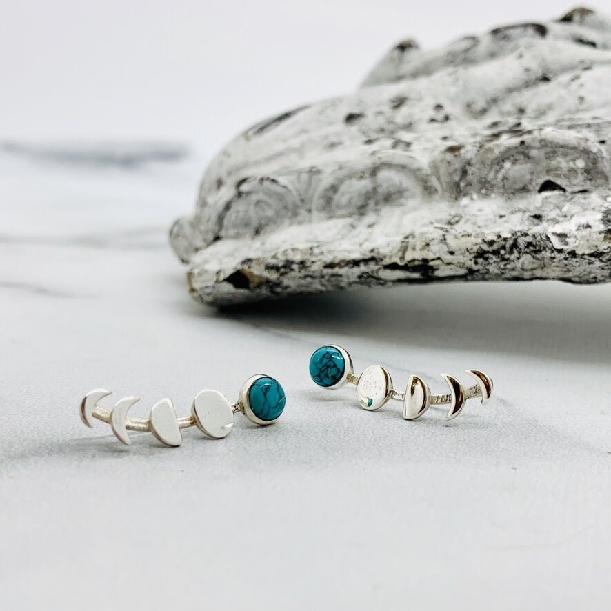 Moon phases sterling silver ear climber with Turquoise