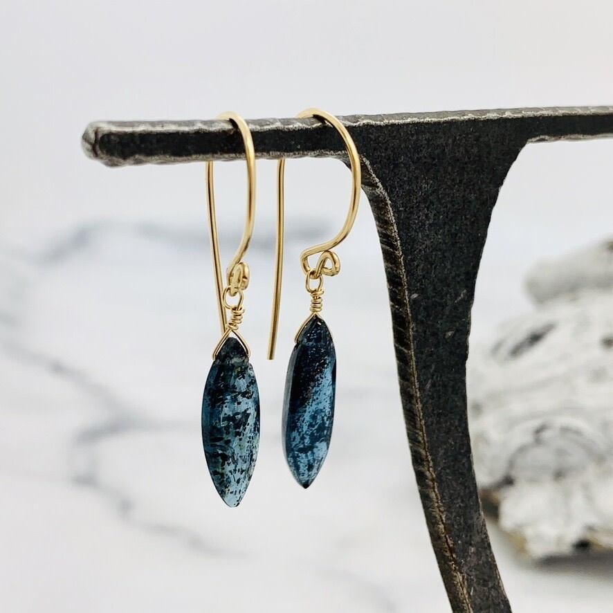 Handmade Small Marquis Moss Kyanite 14k Goldfill Drop Earrings