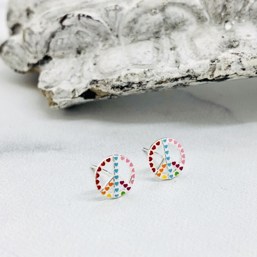 Peace Sign of Hearts Stud Earrings, Silver and Enamel