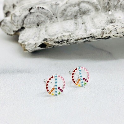 Peace Sign of Hearts Stud Earrings, Silver and Enamel