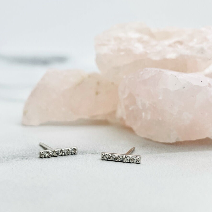 Silver and CZ Mini Bar Stud Earrings