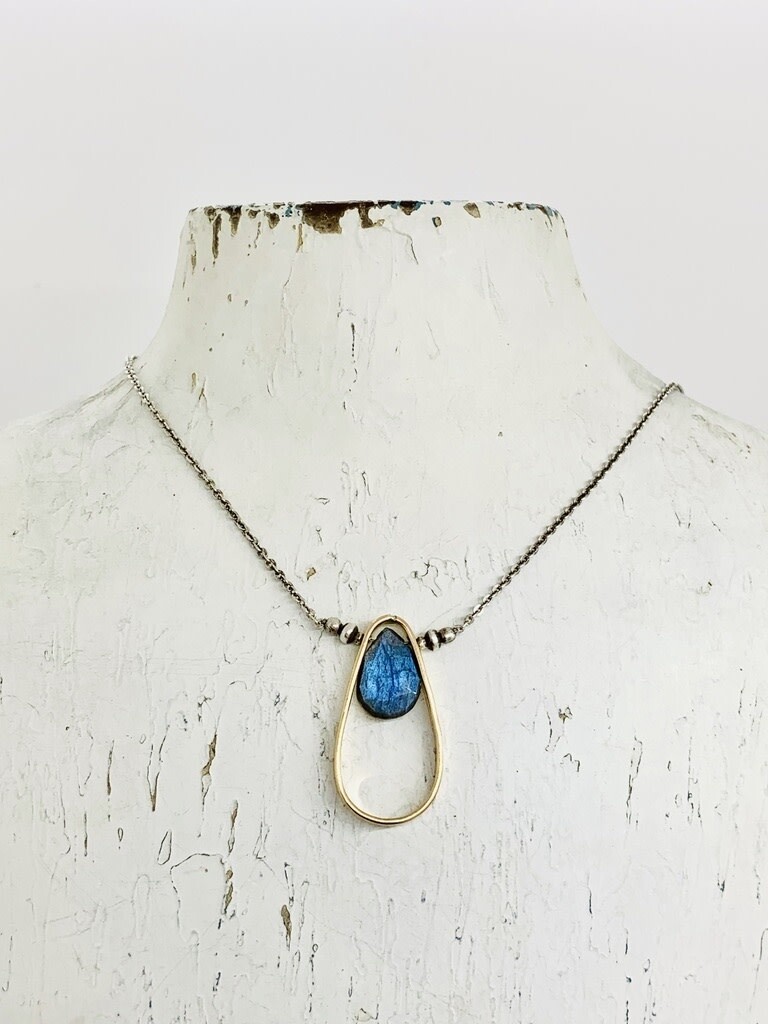Handmade Faceted 12mm Labradorite pear in a 14k Gold filled Teardrop Pendant on Oxidized Sterling Chain Necklace