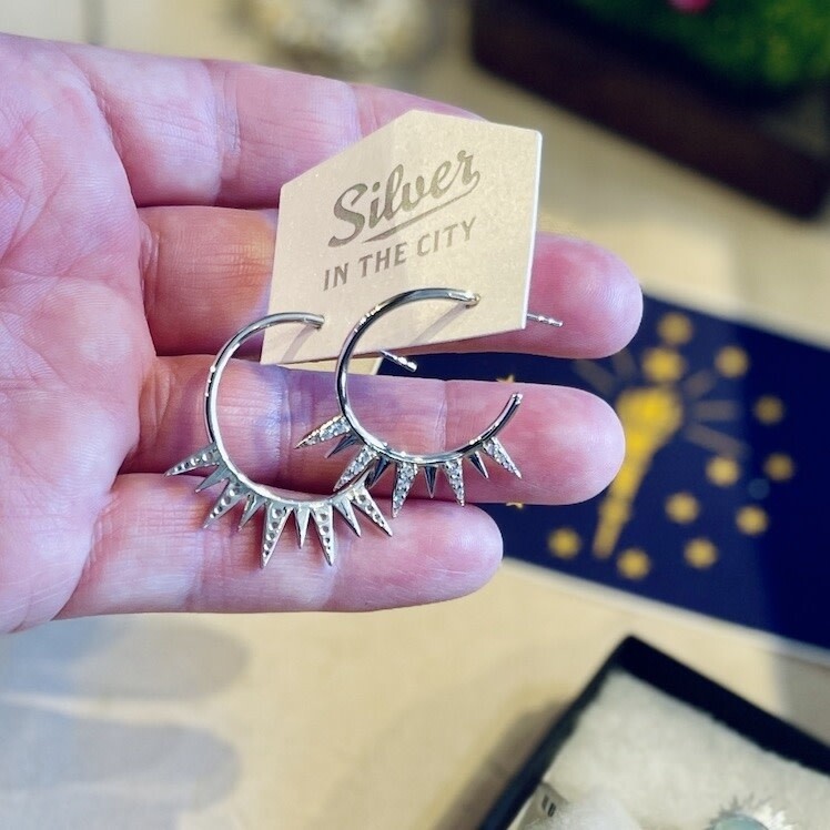 Silver 3/4 Circle Spiked Hoops with CZ