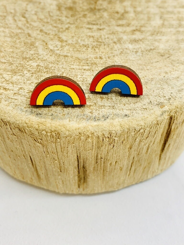 Handmade Rainbow Lasercut Wood Earrings on Sterling Silver Posts