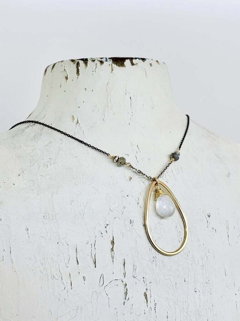 Handmade Necklace with 12mm Faceted Moonstone in 14kt Gold Fill Teardrop on Oxidized Sterling Chain
