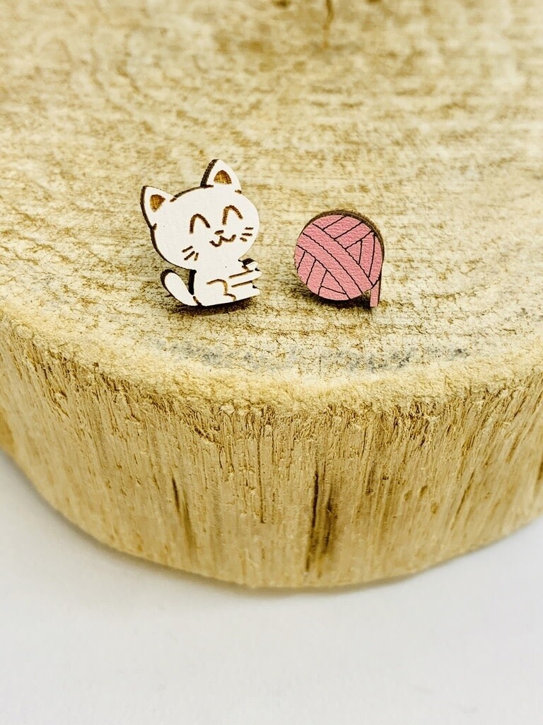 Handmade Cat and Yarn Lasercut Wood Earrings on Sterling Silver Posts