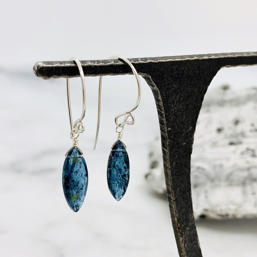 Handmade Small Marquis Moss Kyanite Silver Drop Earrings