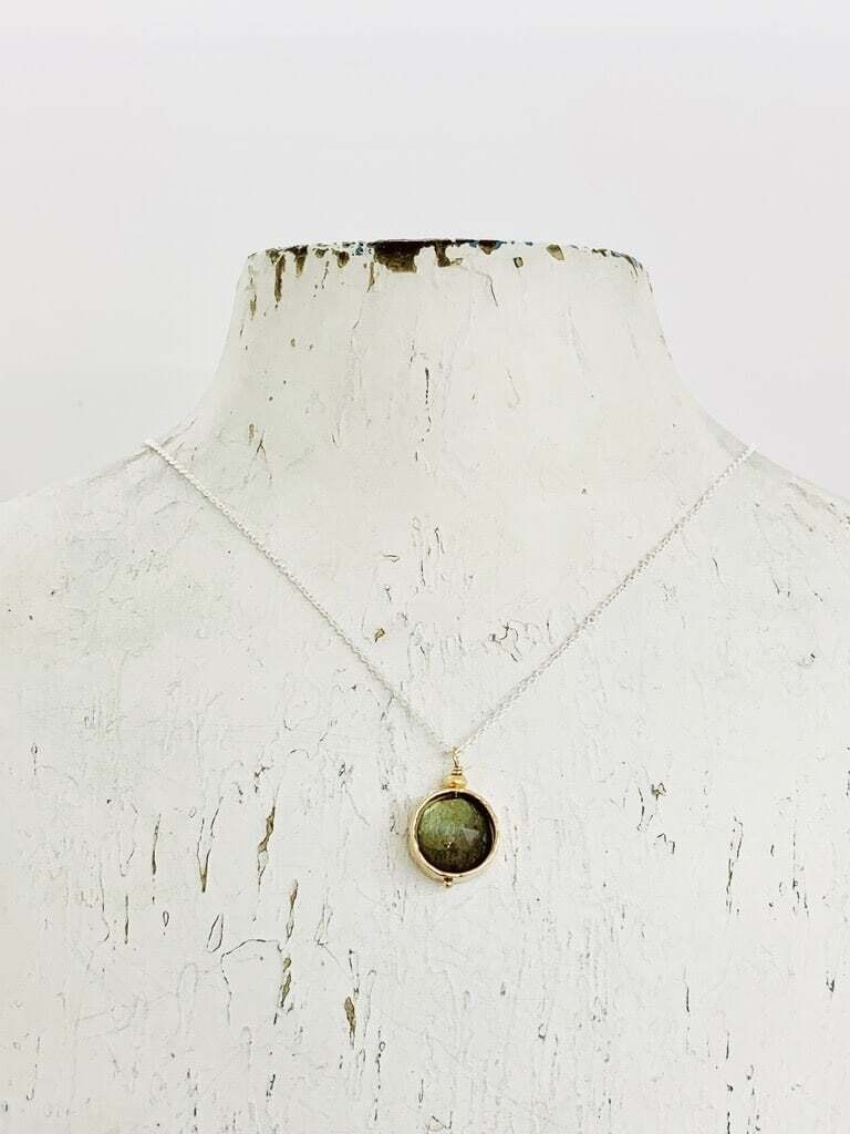 Handmade Necklace with 8mm Faceted Labradorite Coin in 14k Gold Filled Circle on Sterling Chain - dno