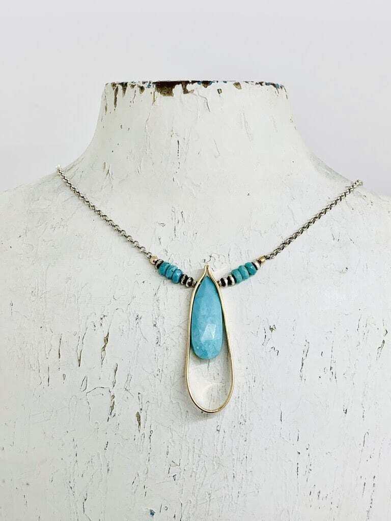 Handmade Necklace with 25mm Faceted Arizona Turquoise in 14kt Gold Filled Teardrop on Oxidized Sterling Chain - dno