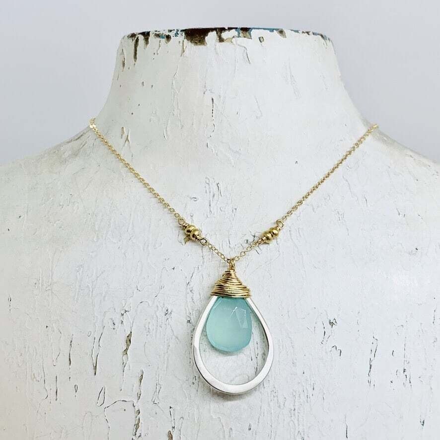 Handmade necklace with aqua chalcedony teardrop wrapped in 14k gf and nested in sterling teardrop on 16-in goldfill chain