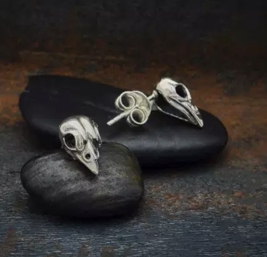 Small Bird Skull Stud Earring, Silver 12 x 7mm