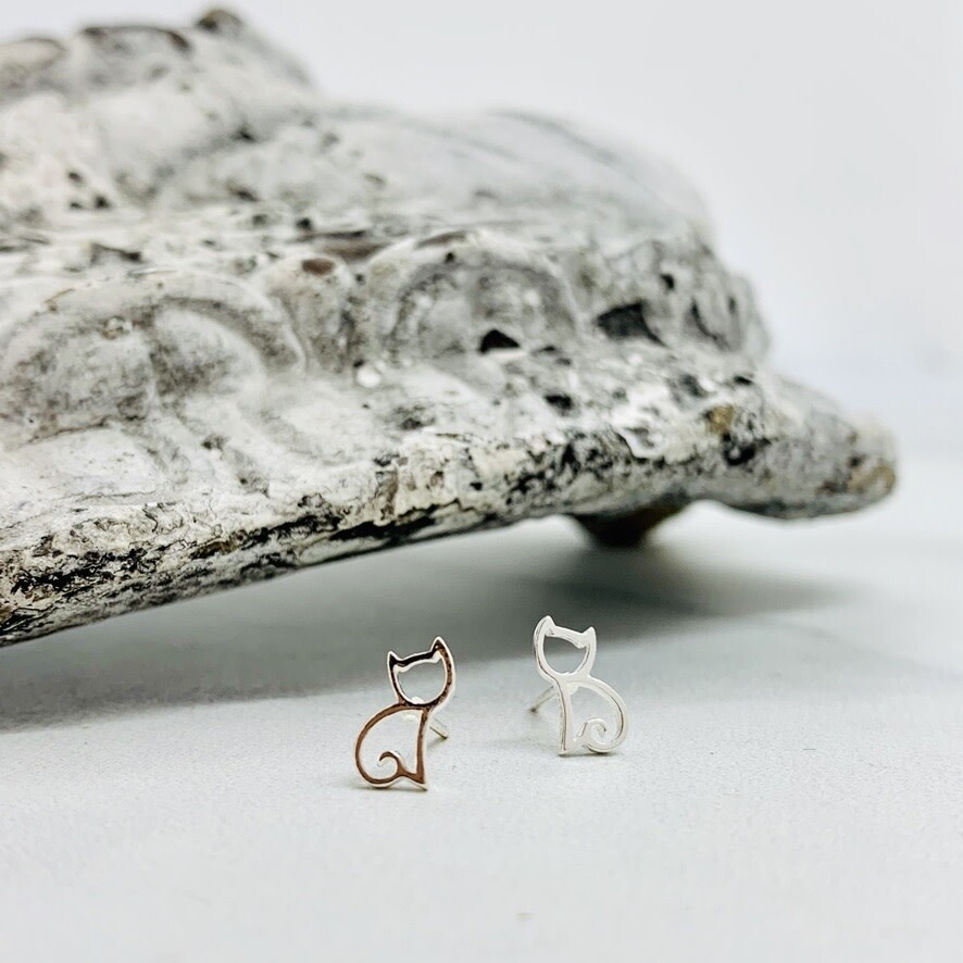 Cat Cut Out Stud Earrings, Silver