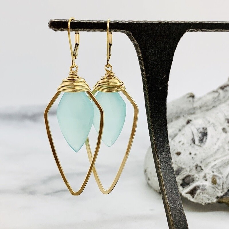 Handmade earrings with aqua chalcedony arrowhead drop in 14kt gf