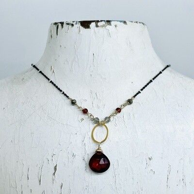 Garnet Drop Necklace w/Pyrite, Garnet, and Labradorite Rondelles