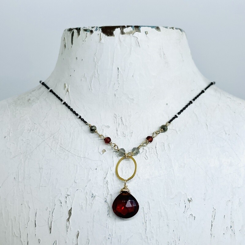 Garnet Drop Necklace w/Pyrite, Garnet, and Labradorite Rondelles